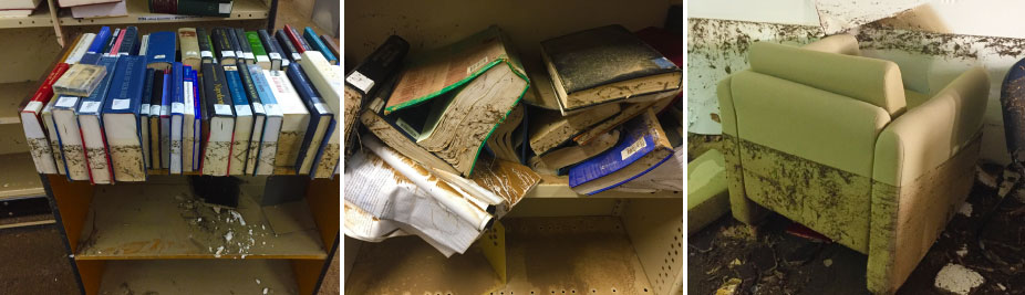 Image of flood-damaged books on Level 1 Chifley Library